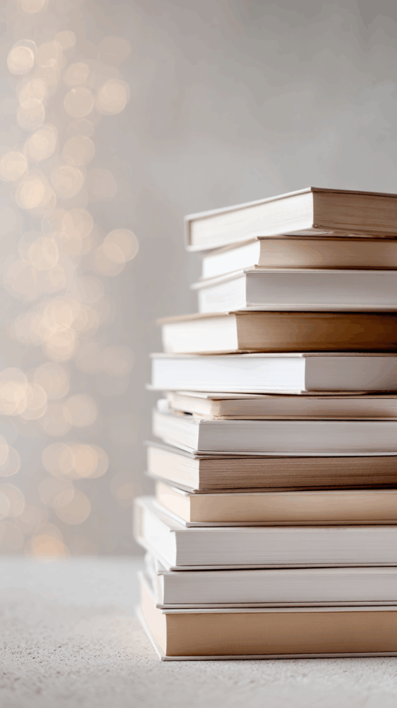 Stapel beiger Bücher im weichen Licht – Symbol für Manuskriptgutachten, Analyse und literarische Tiefe