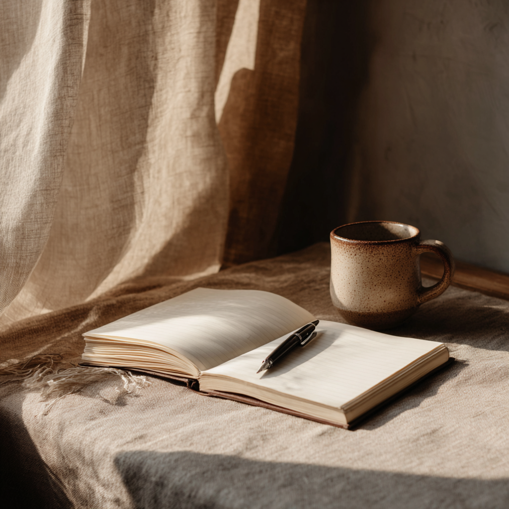 Offenes Notizbuch mit Füller und Kaffeetasse im Sonnenlicht – Sinnbild für Ruhe, Kreativität und Texthandwerk