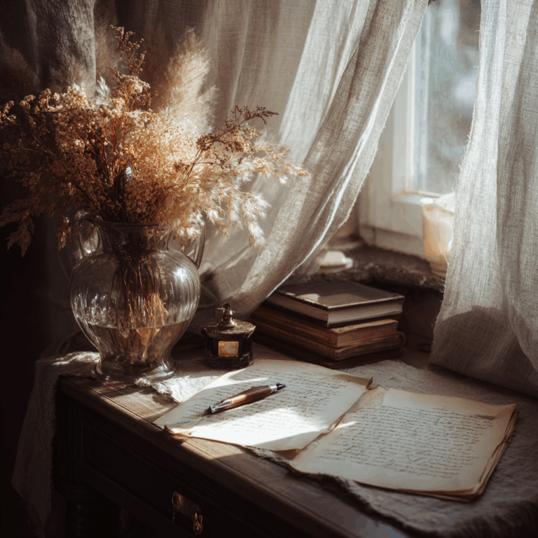 Offenes Manuskript mit Füllfederhalter und getrockneten Gräsern auf einem Schreibtisch im Sonnenlicht – Symbolbild für professionelles Lektorat
