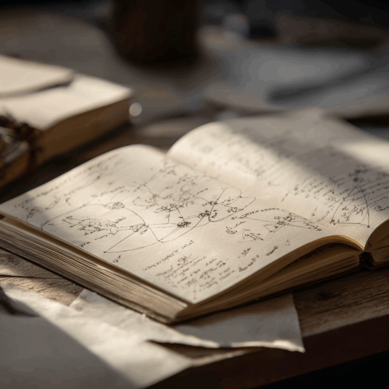 Offenes Notizbuch mit handgezeichneten Plotlinien und Notizen auf einem hölzernen Schreibtisch im warmen Licht – Symbolbild für Dramaturgie Lektorat