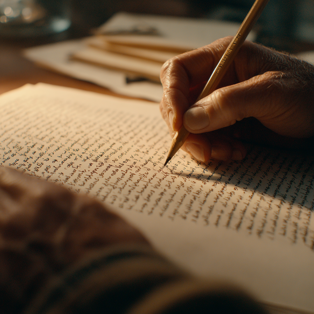 Hand schreibt mit Bleistift in ein eng beschriebenes Manuskript – Sinnbild für präzises Texthandwerk und Lektorat