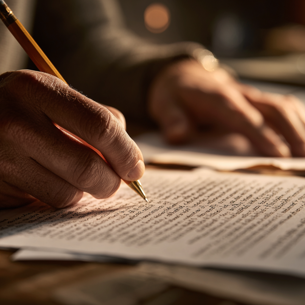 Hand schreibt auf Manuskript im warmen Licht – Symbol für Autorenförderung, Schreiben und kreative Begleitung