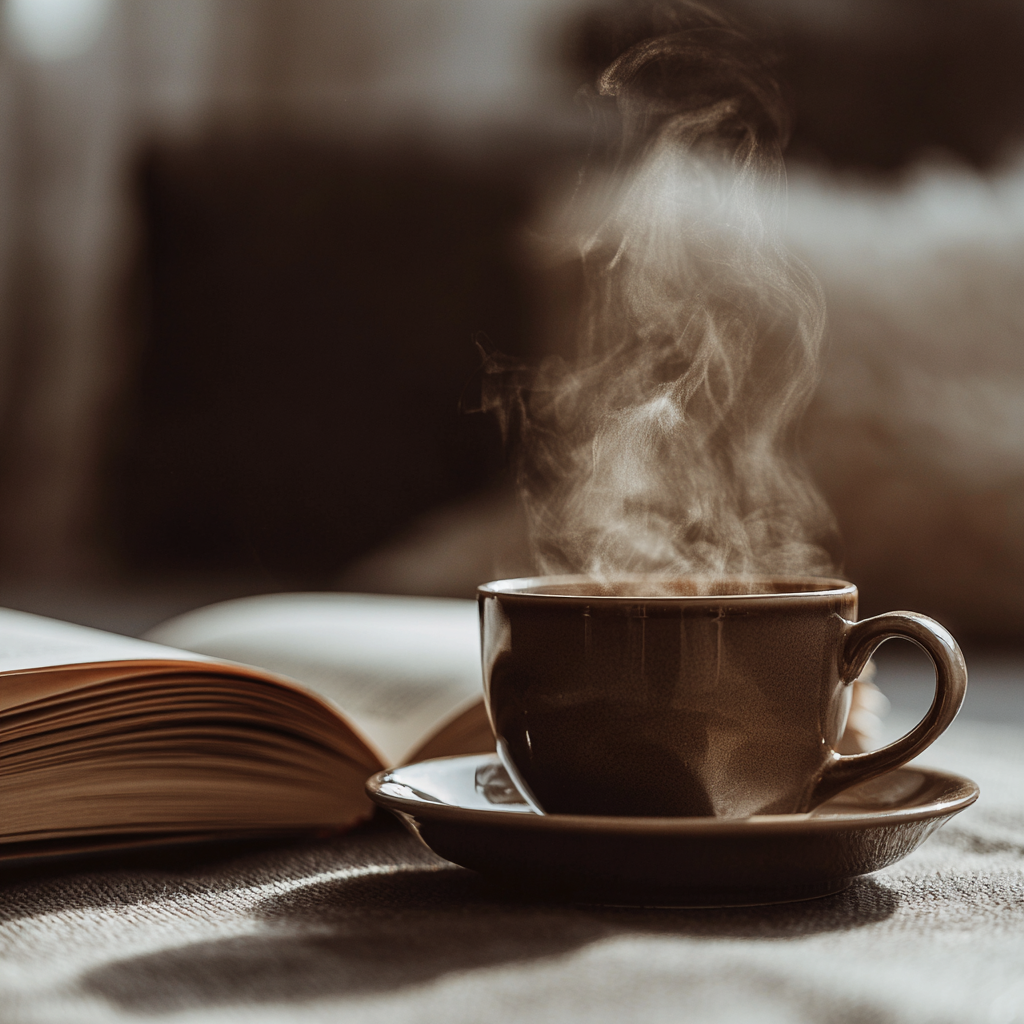 Braune Kaffeetasse mit Dampf auf offenem Buch – Symbol für konzentriertes und sorgfältiges Korrektorat