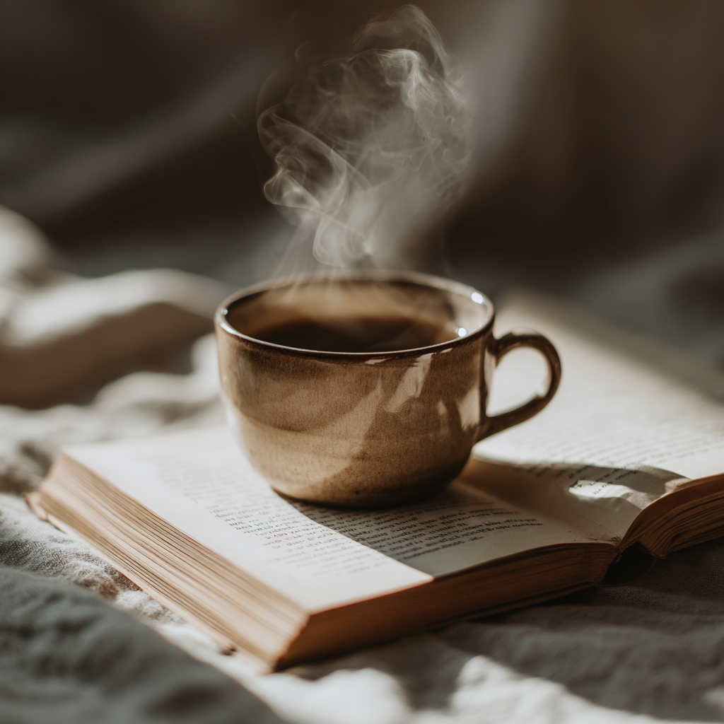 Braune Kaffeetasse auf geöffnetem Buch im Sonnenlicht – Sinnbild für Ruhe, Sprache und achtsames Lektorat