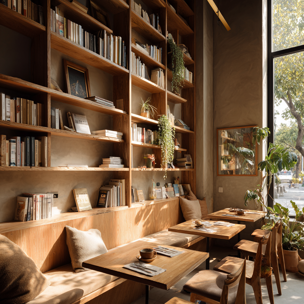 Helles Atelier mit Bücherregalen, Holztischen und warmem Licht – Sinnbild für Lektorat mit Ruhe und Feinsinn