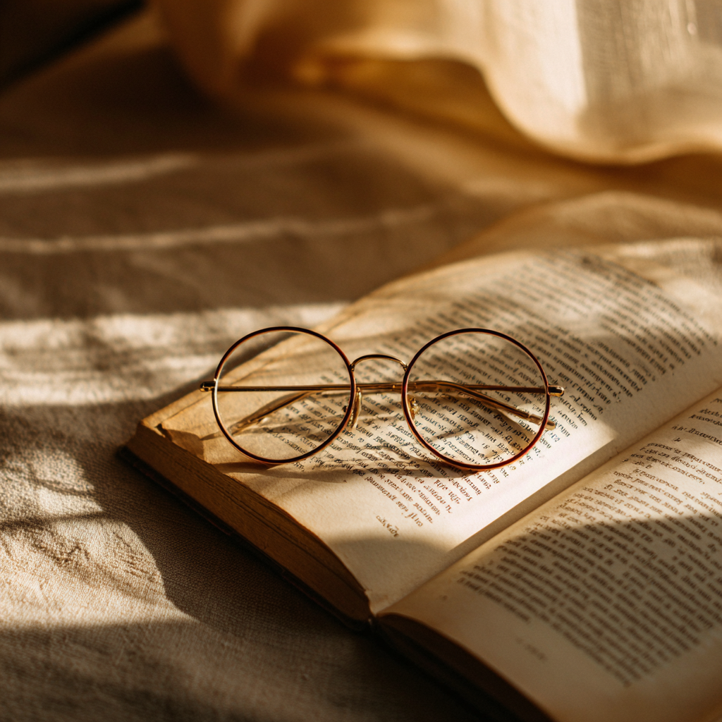 Goldene Lesebrille auf offenem Buch im Sonnenlicht – Symbol für das Lektorieren mit Feinsinn und Präzision
