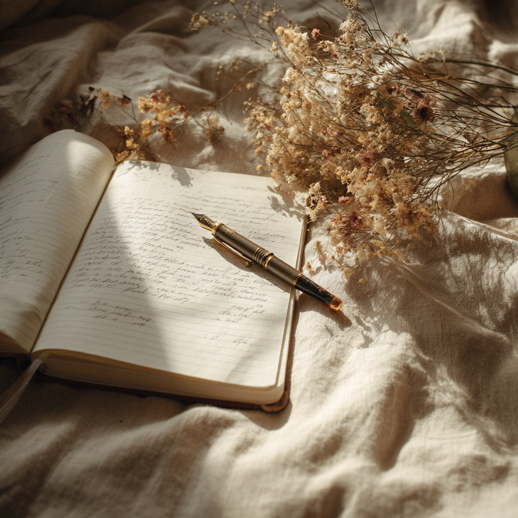 Offenes Notizbuch mit Füllfederhalter im warmen Licht – Symbol für Manuskriptgutachten und Textanalyse