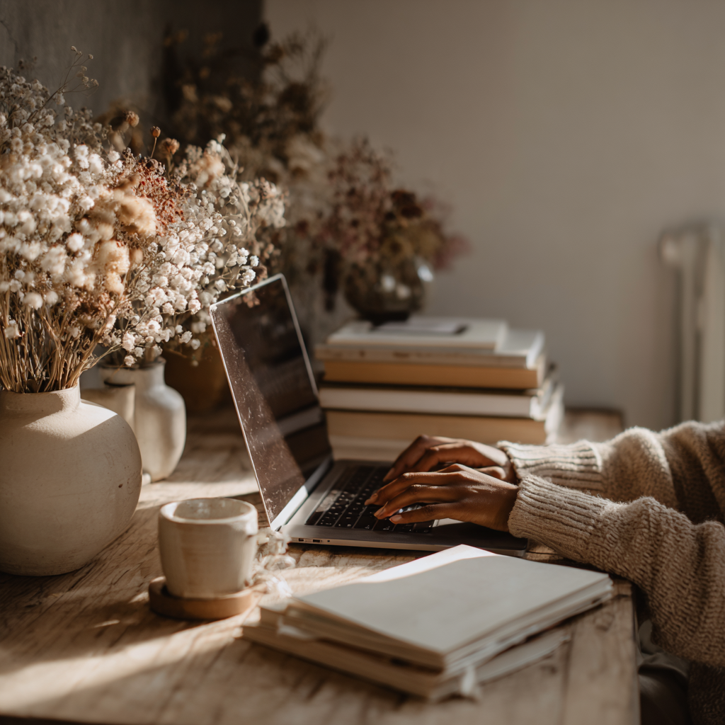 Hände am Laptop zwischen Büchern und Blumen – Symbol für achtsames, modernes Lektorat mit Feinsinn